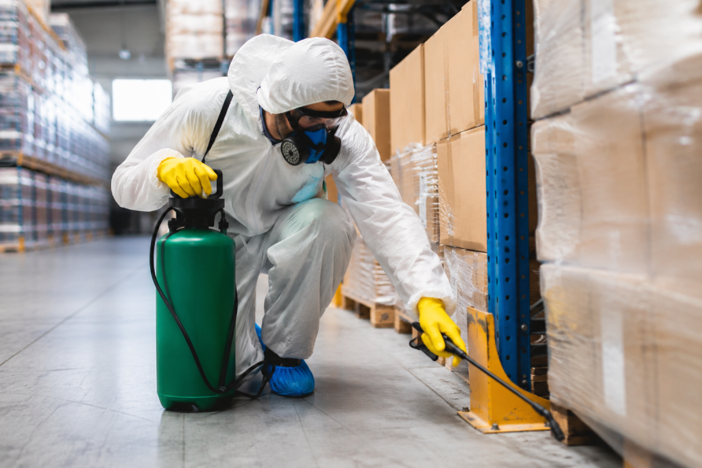 Technician performing industrial pest control inspection inside a warehouse in Lahore for Arsh Enterprises.
