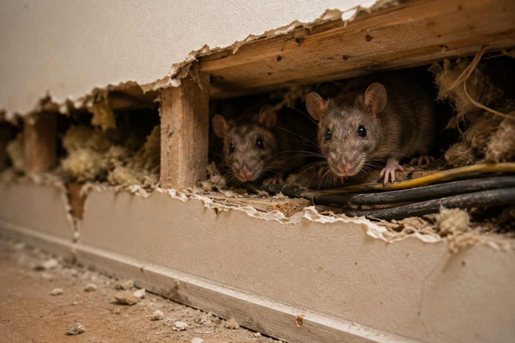 Two rats hiding inside a damaged wall cavity of a Lahore home, showing a common rat infestation in ceilings and walls requiring professional rodent control.